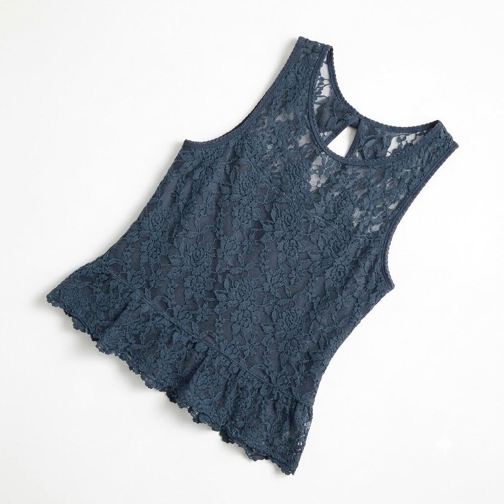 ABERCROMBIE & FITCH Lace Peplum Sleeveless Blouse Navy Blue Cotton Womens Small